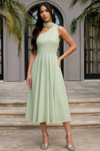 Helen One Shoulder Mint Midi Dress with Scarf | Elegant Flowy Pleated Green Dress