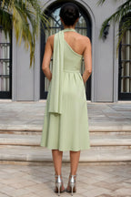 Helen One Shoulder Mint Midi Dress with Scarf | Elegant Flowy Pleated Green Dress