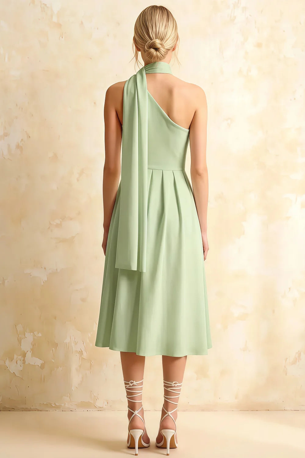 Helen One Shoulder Mint Midi Dress with Scarf | Elegant Flowy Pleated Green Dress