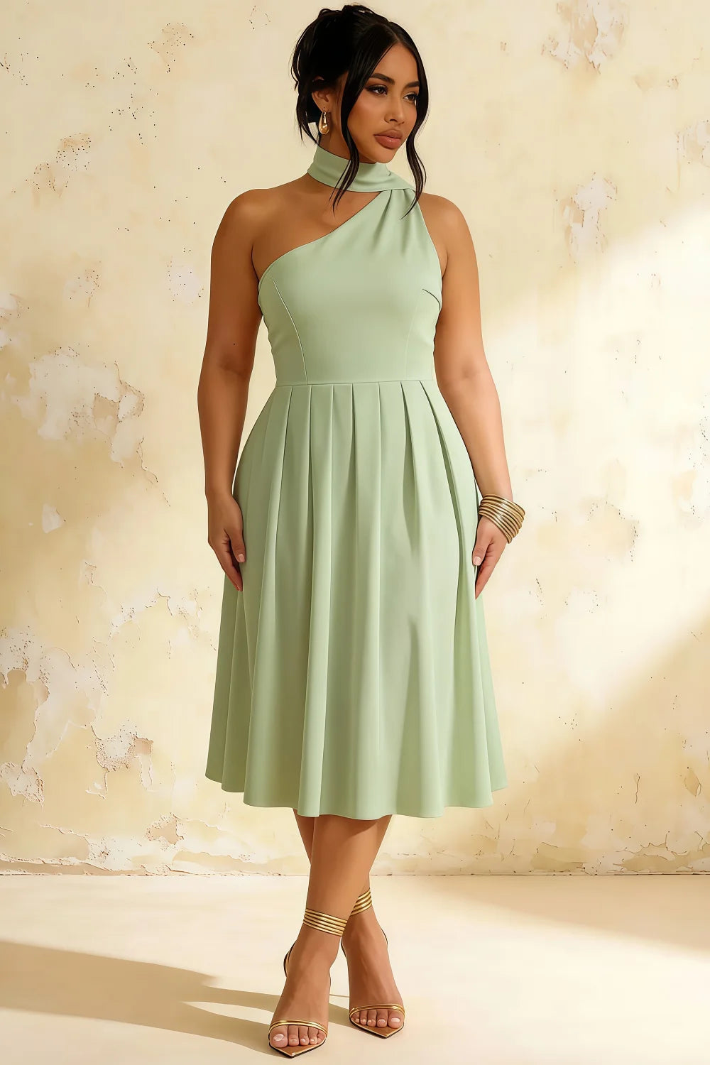 Vestido Midi Menta de un Hombro Helen con Bufanda | Elegante Vestido Verde Plisado Fluido