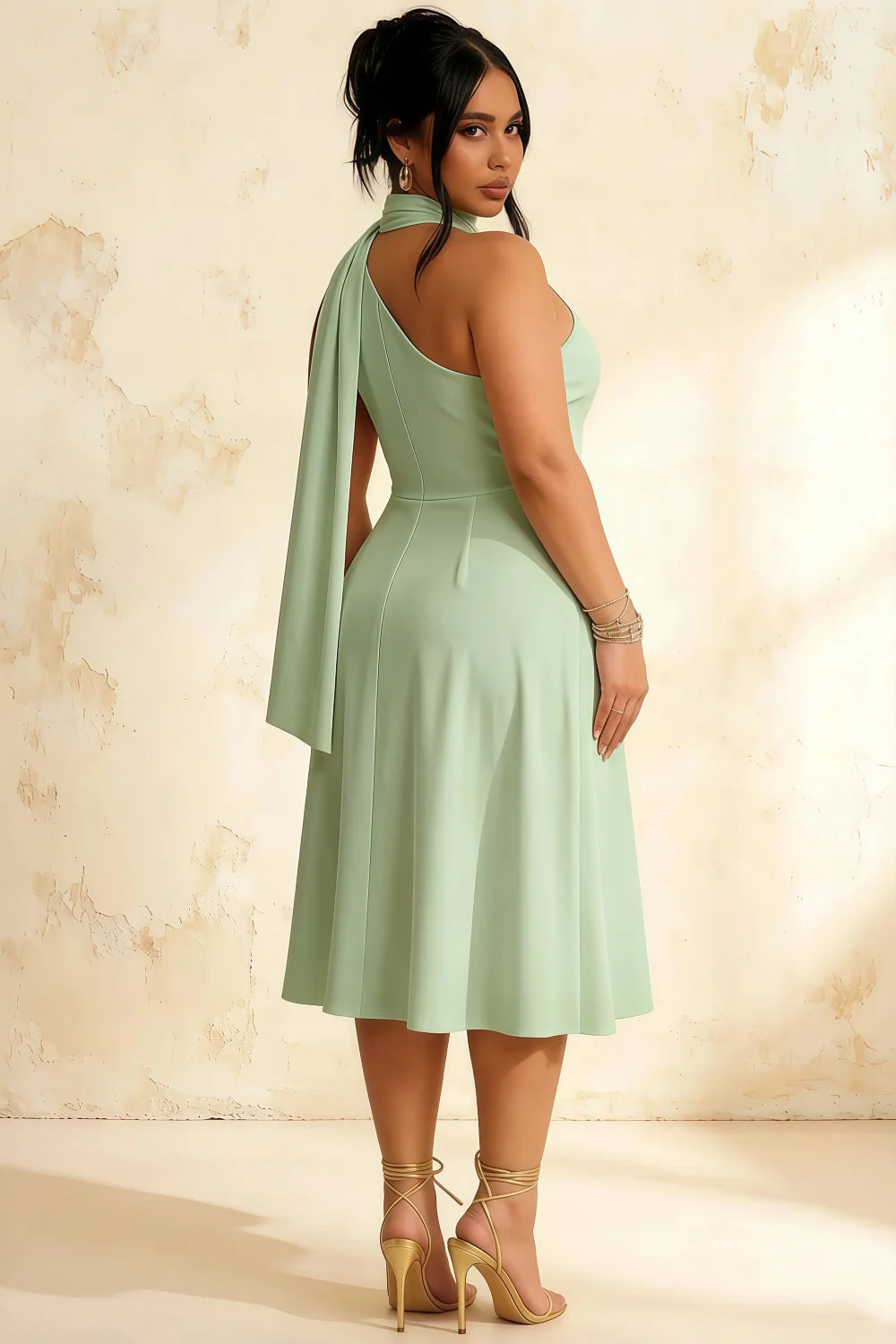 Helen One Shoulder Mint Midi Dress with Scarf | Elegant Flowy Pleated Green Dress