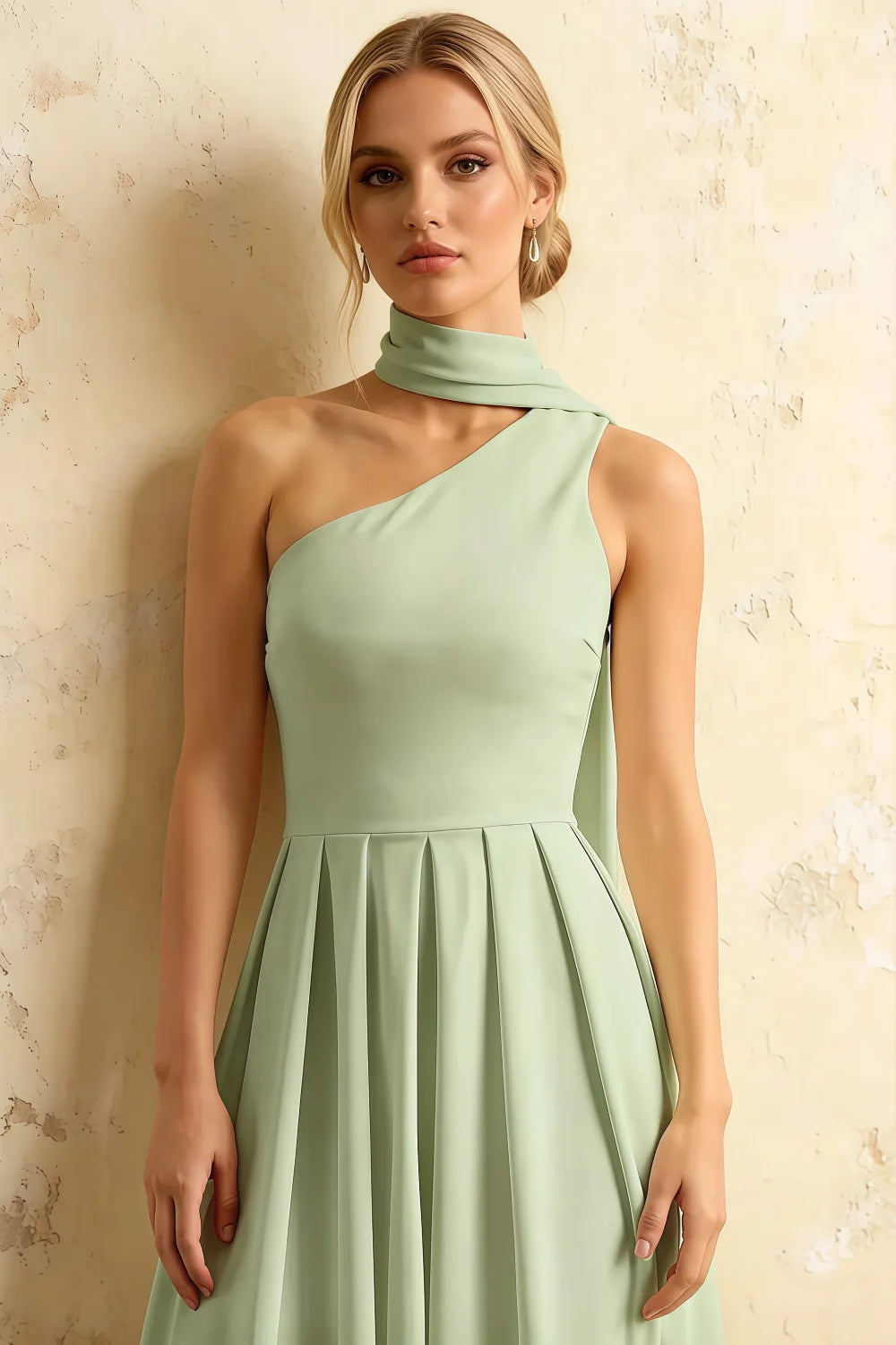 Helen One Shoulder Mint Midi Dress with Scarf | Elegant Flowy Pleated Green Dress