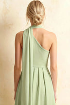 Helen One Shoulder Mint Midi Dress with Scarf | Elegant Flowy Pleated Green Dress
