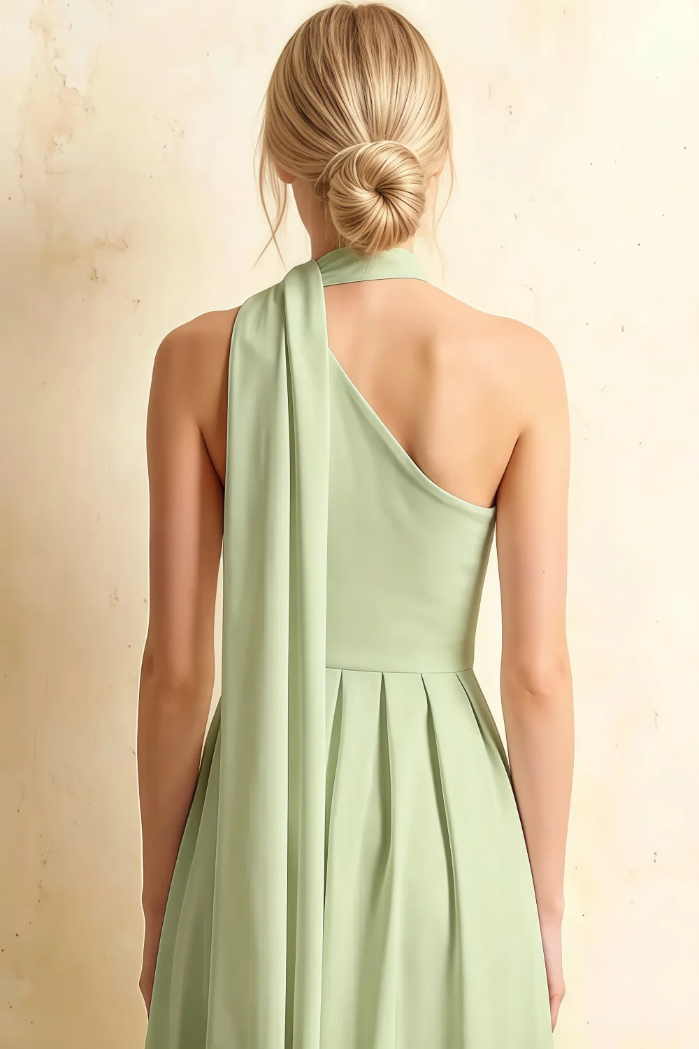 Helen One Shoulder Mint Midi Dress with Scarf | Elegant Flowy Pleated Green Dress