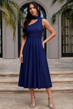 Helen One Shoulder Navy Blue Midi Dress with Scarf