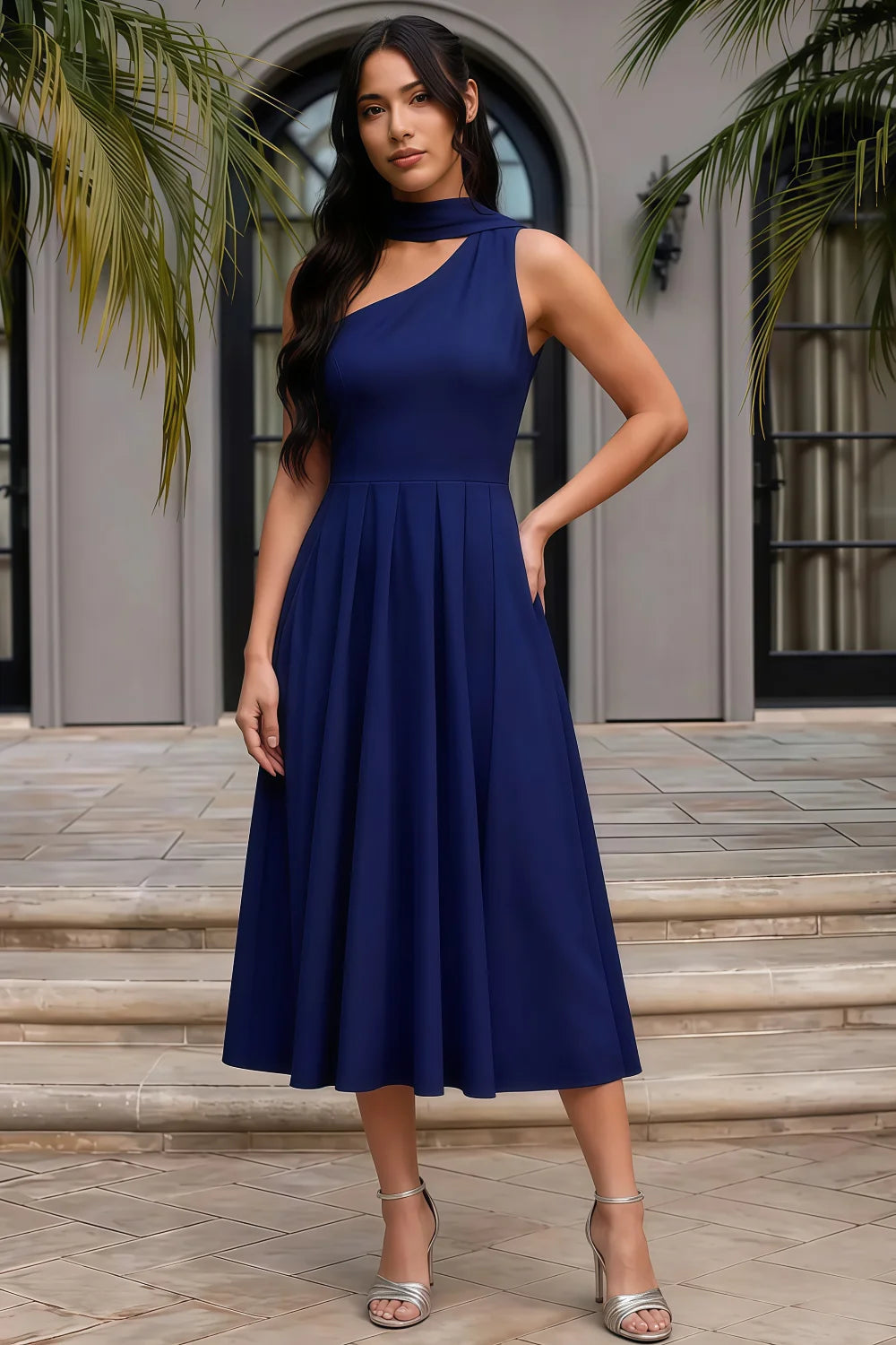 Helen One Shoulder Navy Blue Midi Dress with Scarf