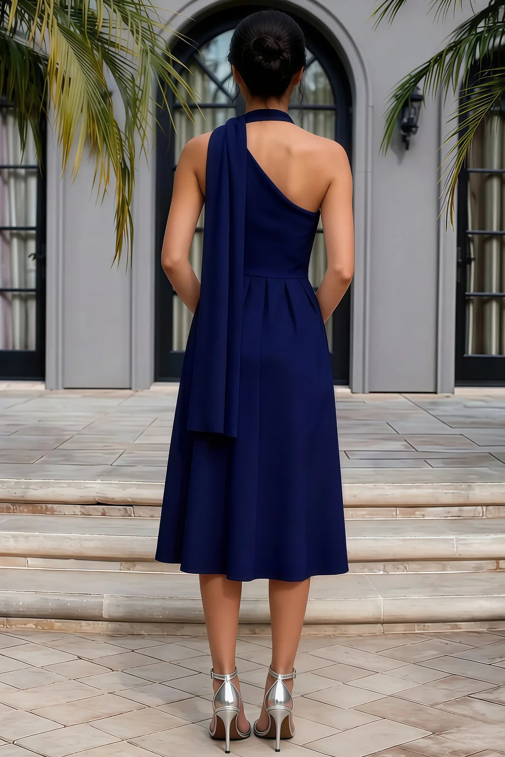 Helen One Shoulder Navy Blue Midi Dress with Scarf