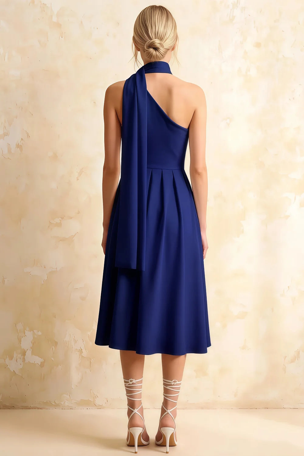 Helen One Shoulder Navy Blue Midi Dress with Scarf
