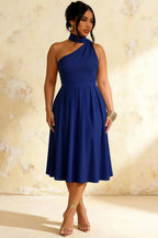 Helen One Shoulder Navy Blue Midi Dress with Scarf