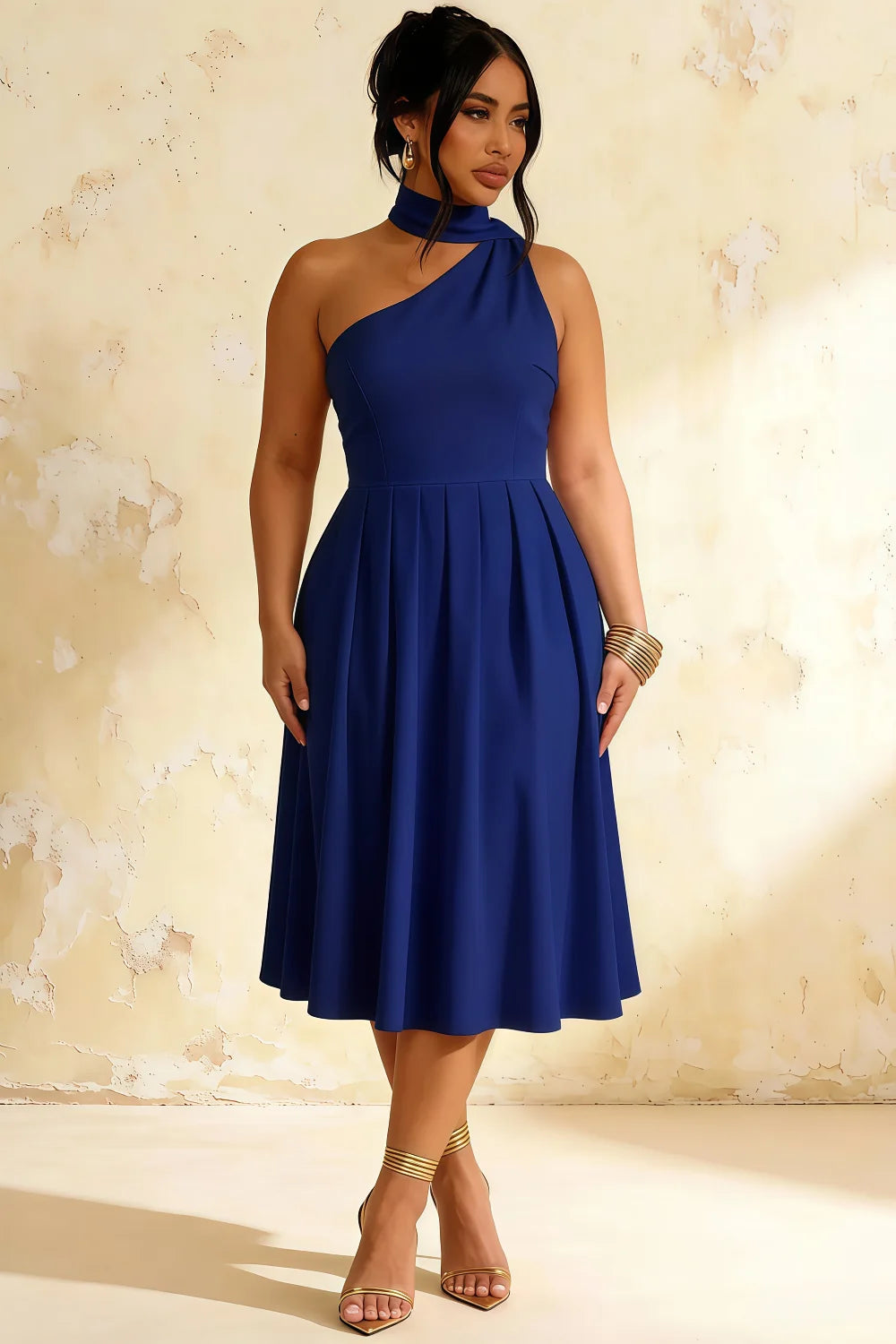 Helen One Shoulder Navy Blue Midi Dress with Scarf