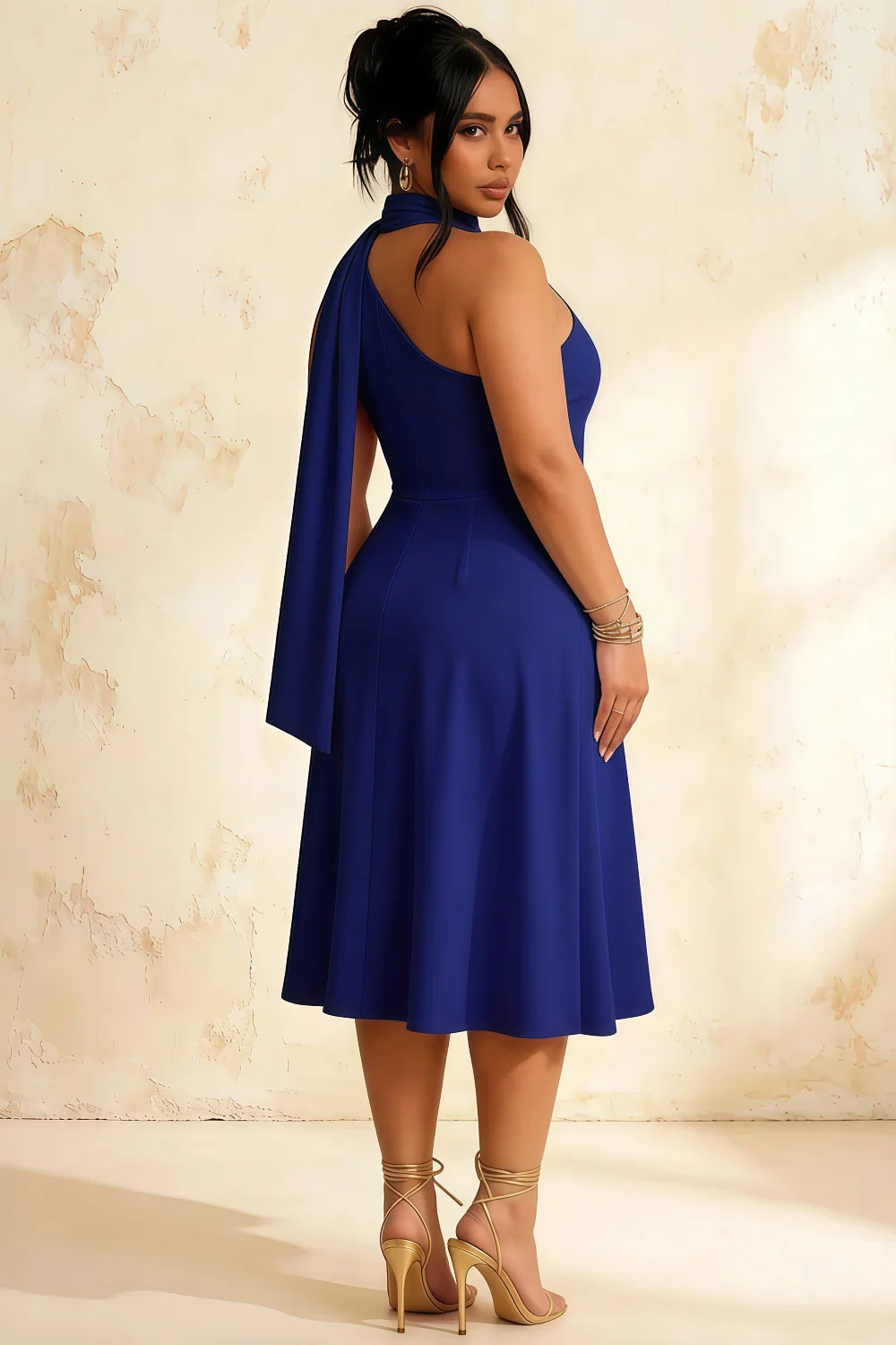 Helen One Shoulder Navy Blue Midi Dress with Scarf