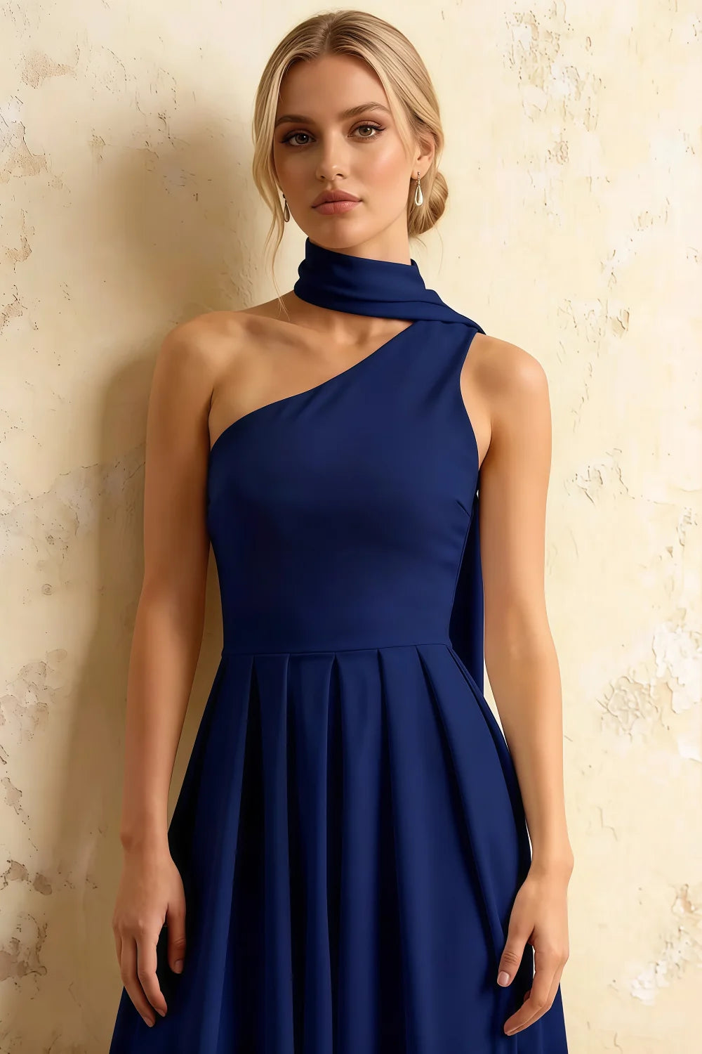 Helen One Shoulder Navy Blue Midi Dress with Scarf