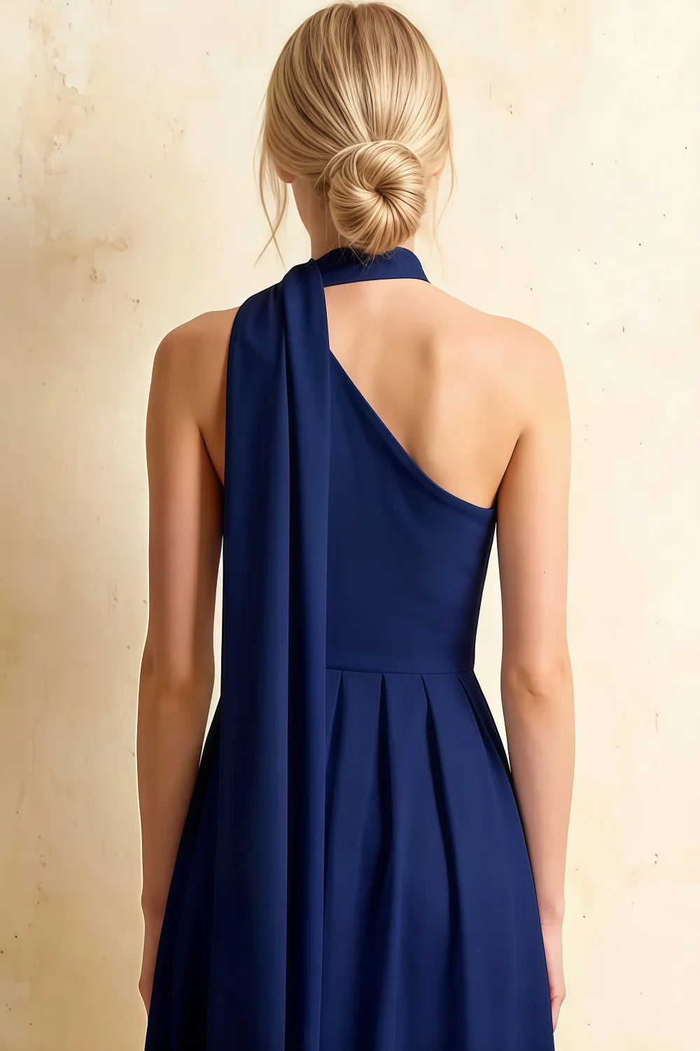 Helen One Shoulder Navy Blue Midi Dress with Scarf