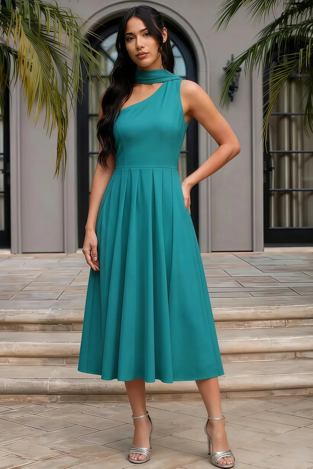 Helen One Shoulder Teal Midi Dress with Scarf Secondary image