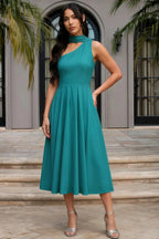 Helen One Shoulder Teal Midi Dress with Scarf