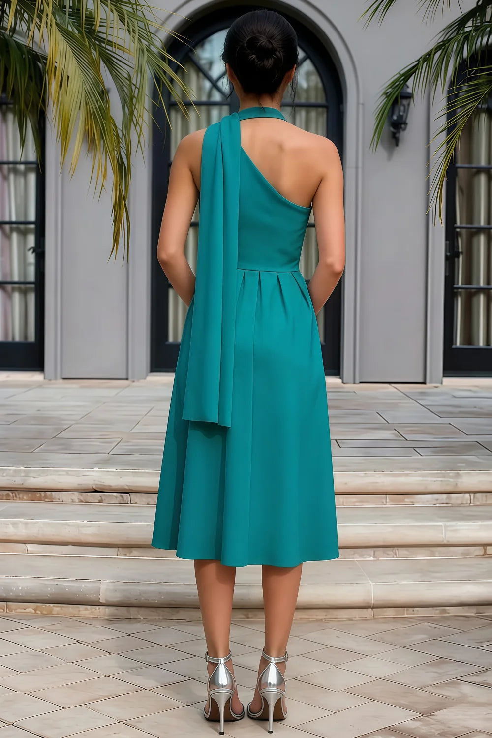 Helen One Shoulder Teal Midi Dress with Scarf