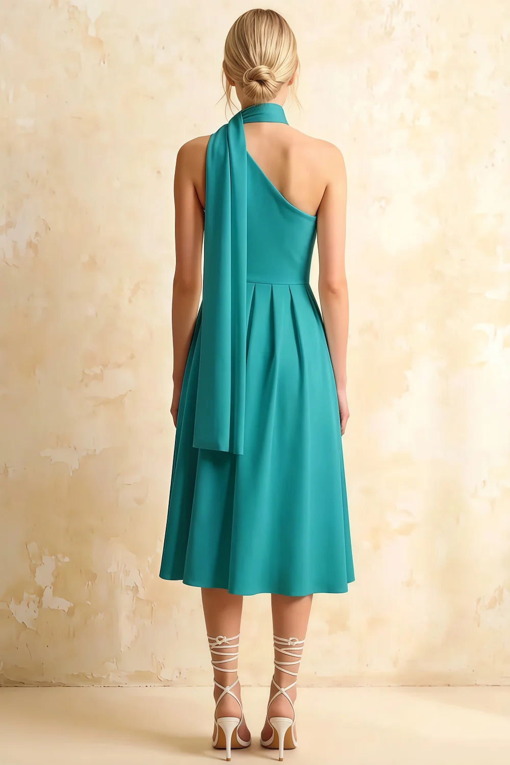 Helen One Shoulder Teal Midi Dress with Scarf