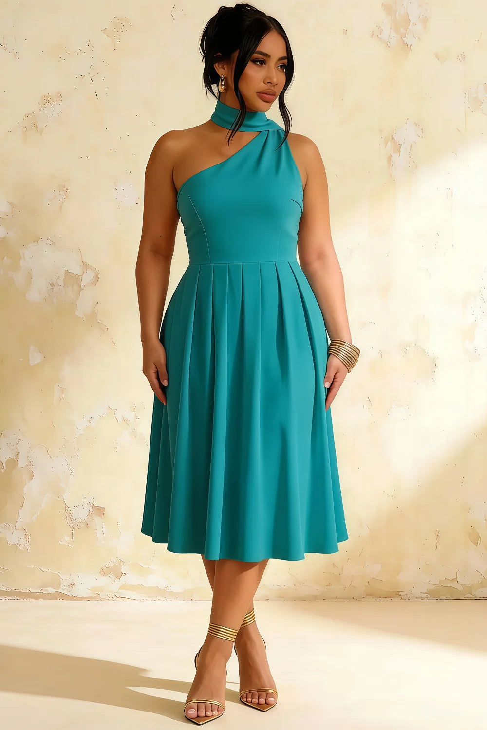 Helen One Shoulder Teal Midi Dress with Scarf