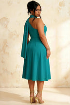 Helen One Shoulder Teal Midi Dress with Scarf