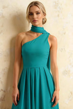 Helen One Shoulder Teal Midi Dress with Scarf