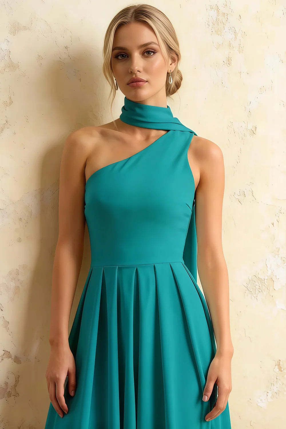 Helen One Shoulder Teal Midi Dress with Scarf