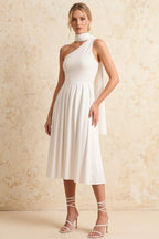 Helen One Shoulder White Midi Dress with Scarf