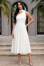 Helen One Shoulder White Midi Dress with Scarf