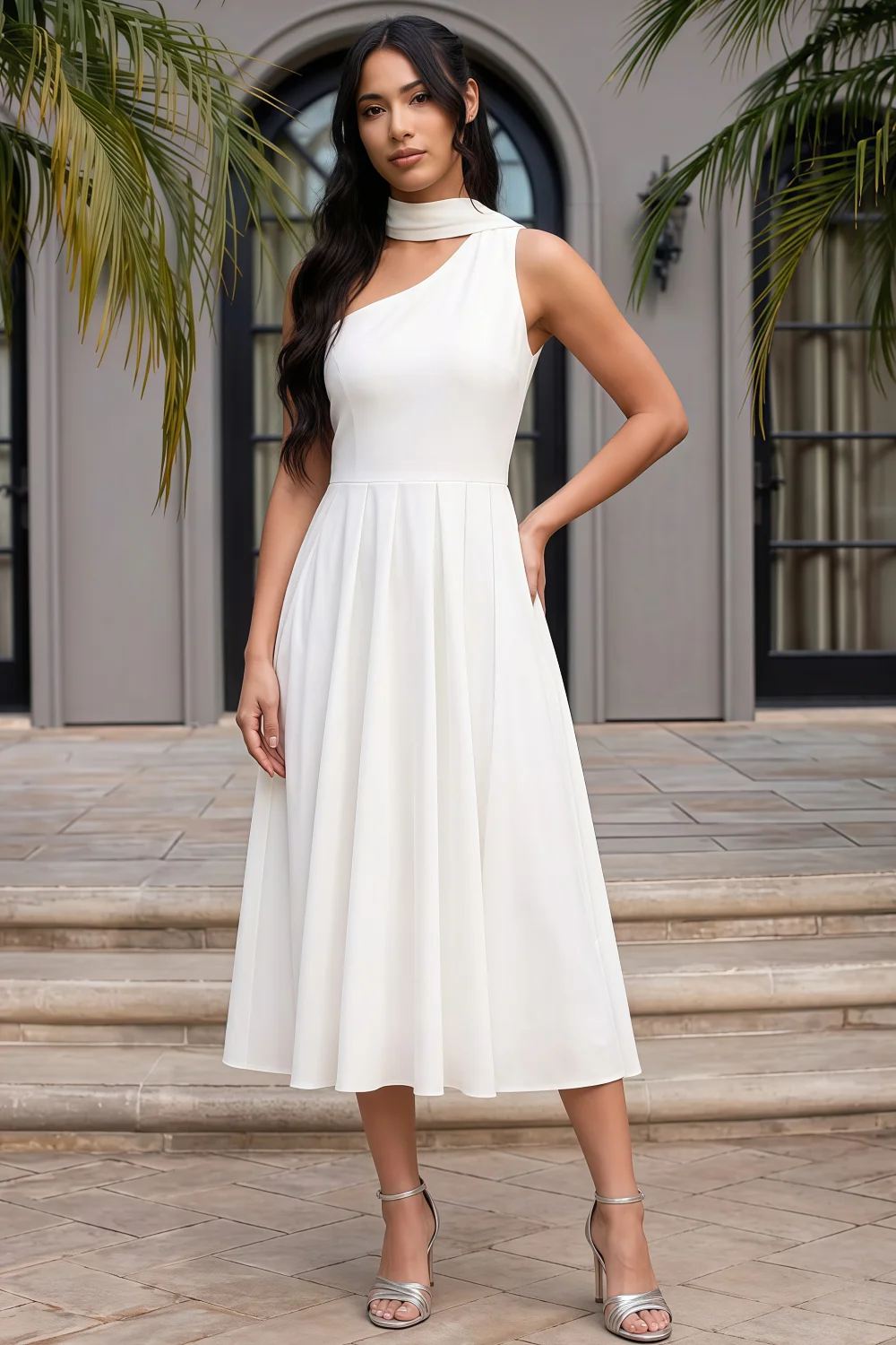 Helen One Shoulder White Midi Dress with Scarf