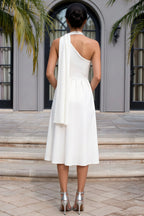 Helen One Shoulder White Midi Dress with Scarf
