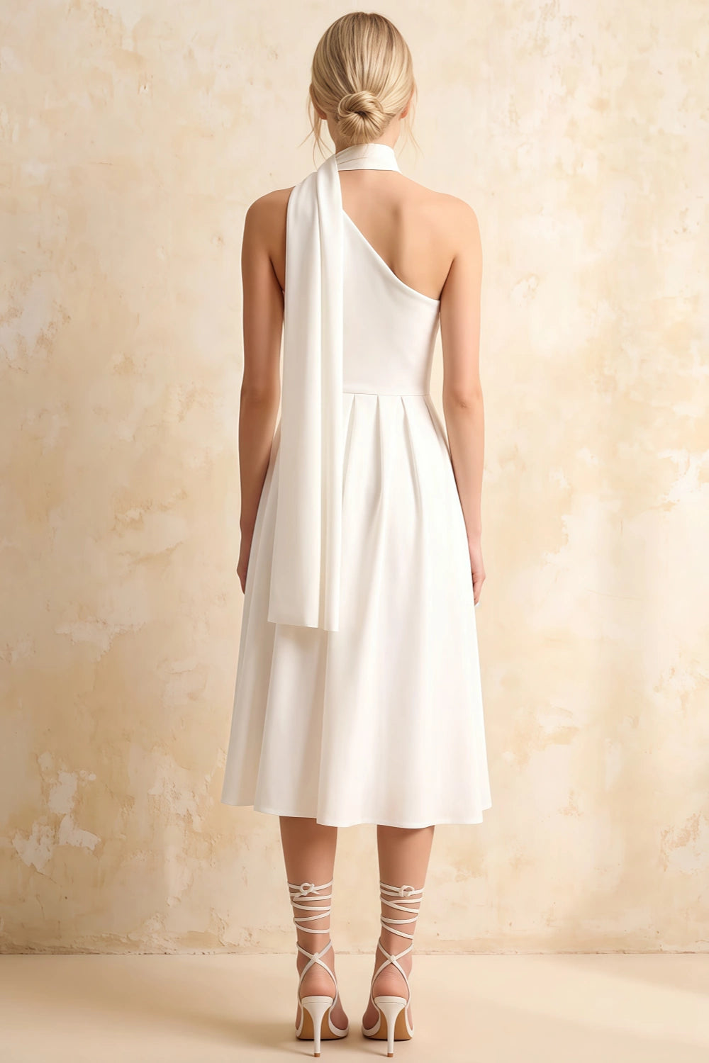 Helen One Shoulder White Midi Dress with Scarf