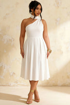 Helen One Shoulder White Midi Dress with Scarf