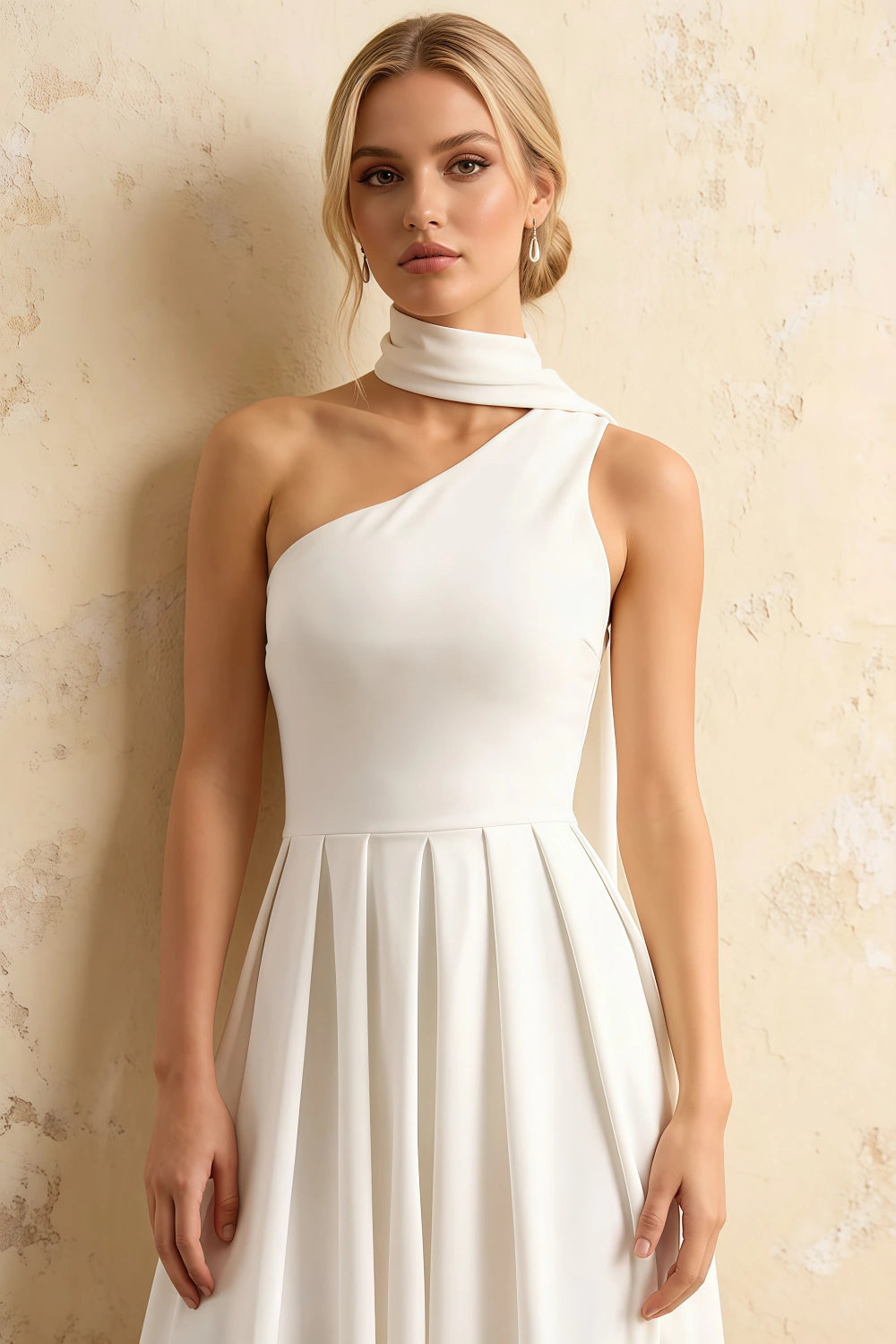 Helen One Shoulder White Midi Dress with Scarf