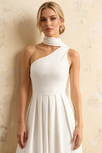 Helen One Shoulder White Midi Dress with Scarf