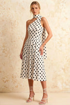Helen One Shoulder White Polka Dot Midi Dress with Scarf