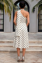 Helen One Shoulder White Polka Dot Midi Dress with Scarf