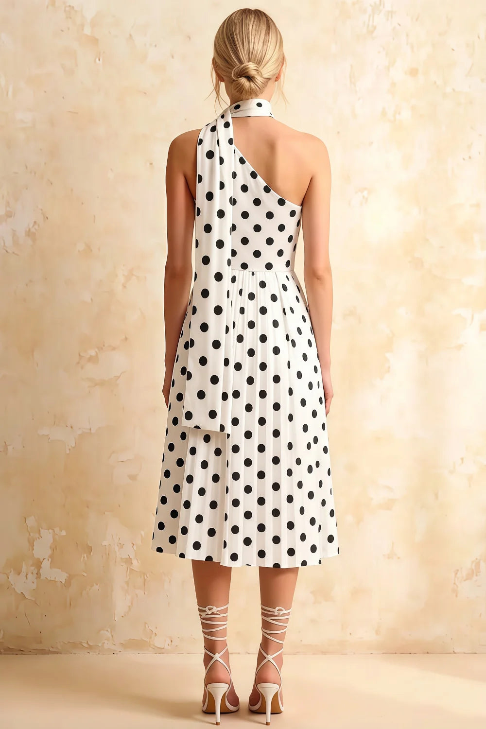 Helen One Shoulder White Polka Dot Midi Dress with Scarf