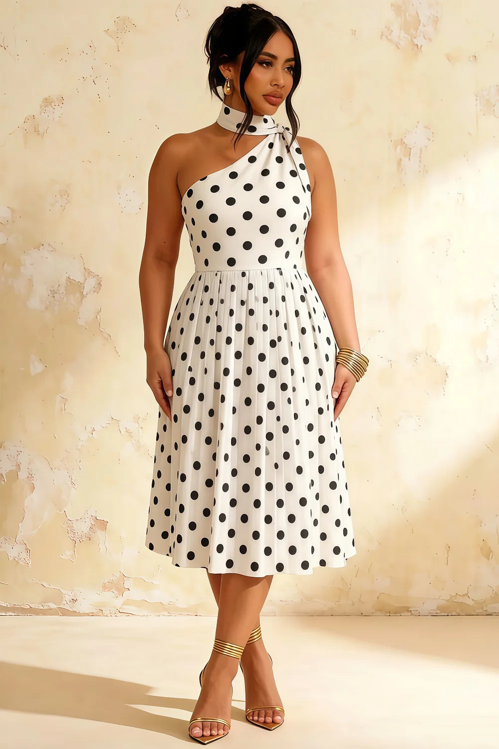 Helen One Shoulder White Polka Dot Midi Dress with Scarf