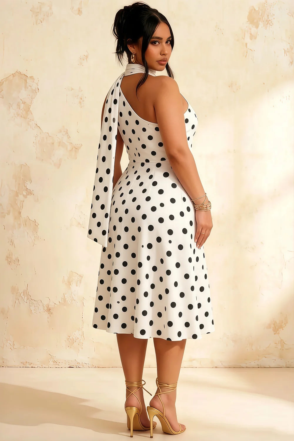Helen One Shoulder White Polka Dot Midi Dress with Scarf