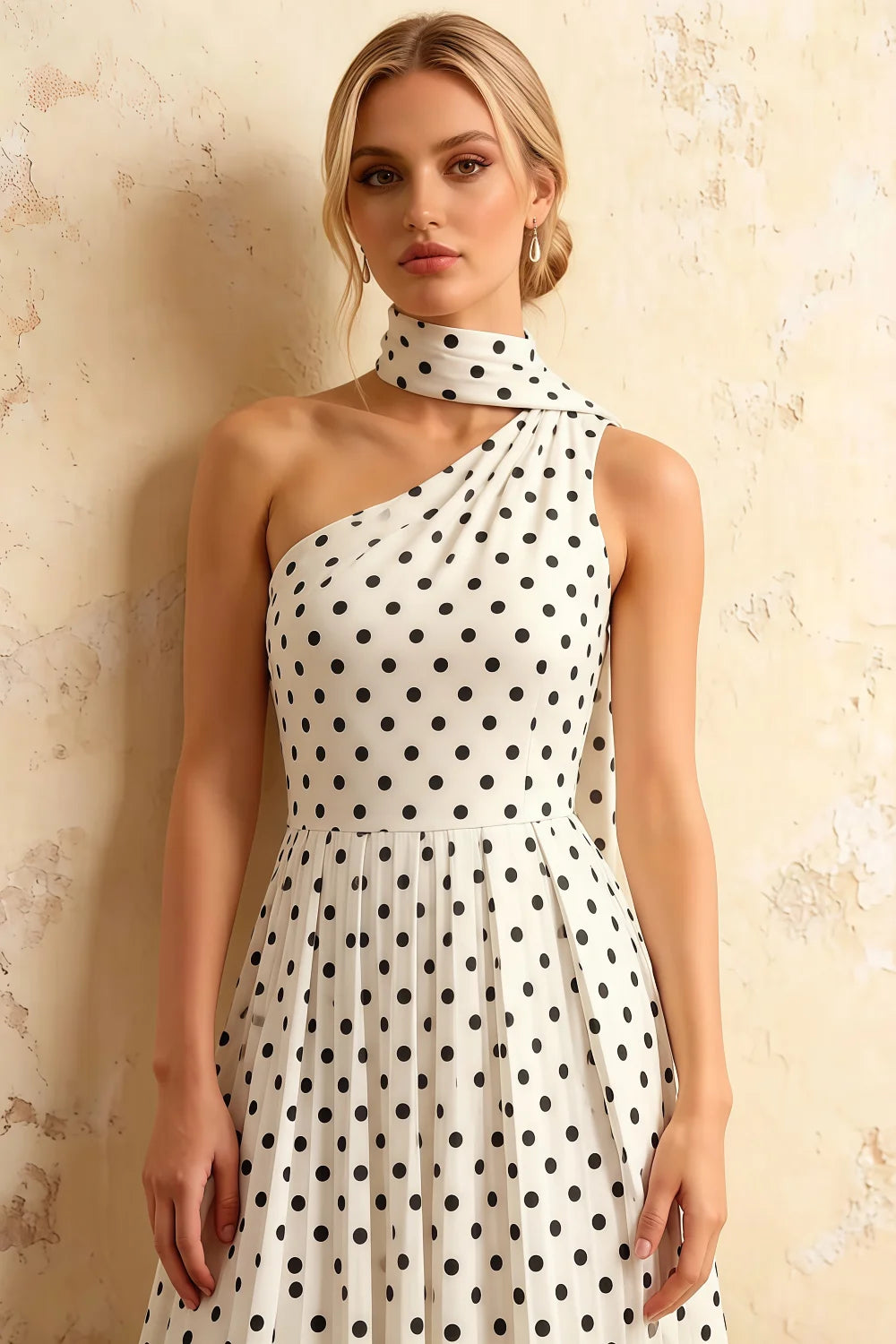 Helen One Shoulder White Polka Dot Midi Dress with Scarf