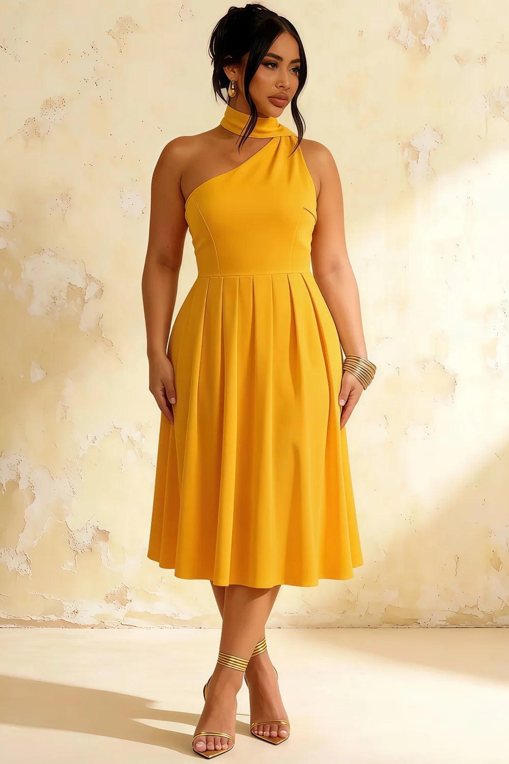 Helen One Shoulder Yellow Midi Dress with Scarf