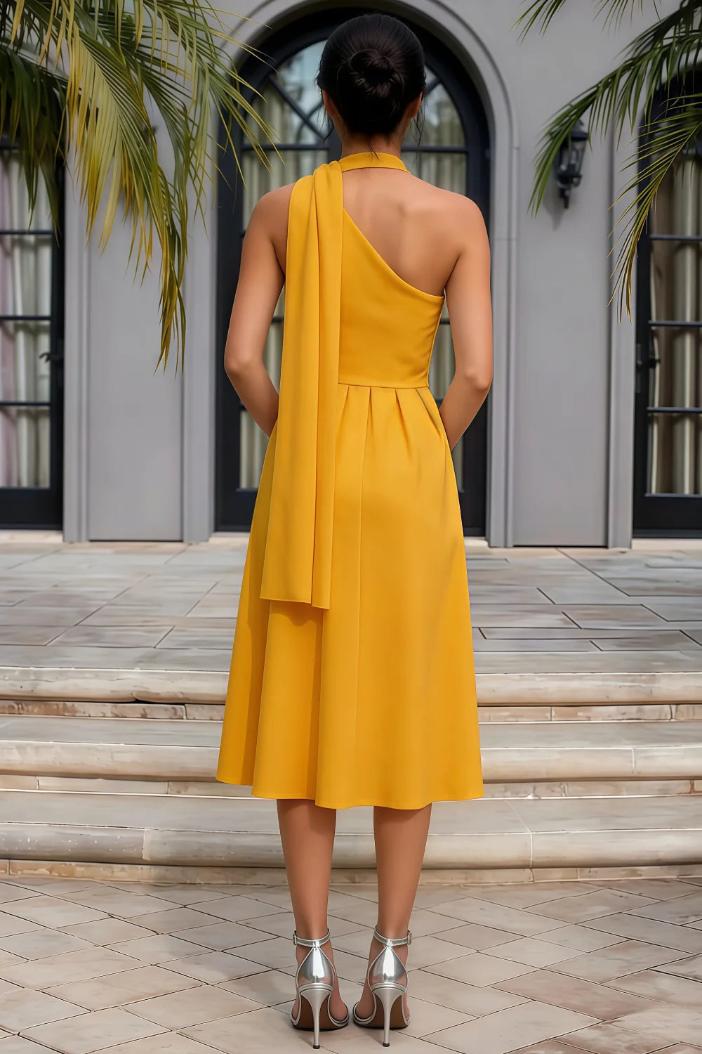 Helen One Shoulder Yellow Midi Dress with Scarf