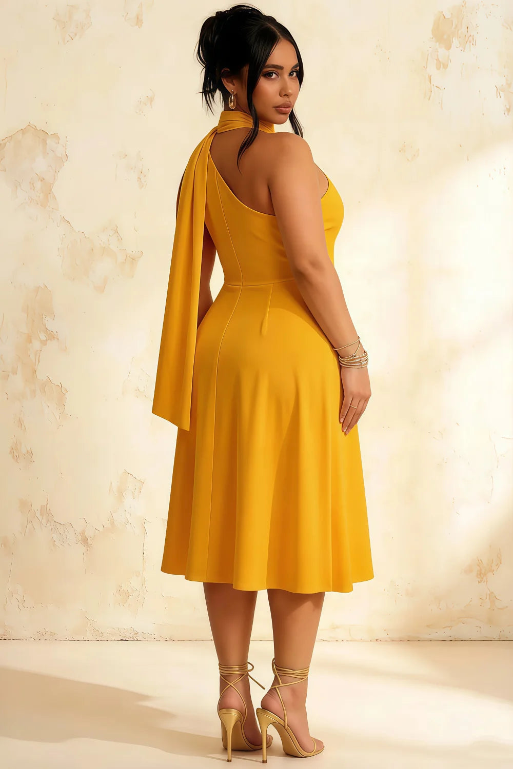 Helen One Shoulder Yellow Midi Dress with Scarf