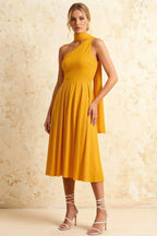 Helen One Shoulder Yellow Midi Dress with Scarf