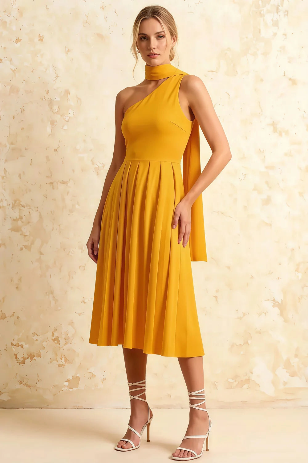 Helen One Shoulder Yellow Midi Dress with Scarf
