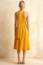 Helen One Shoulder Yellow Midi Dress with Scarf