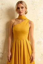 Helen One Shoulder Yellow Midi Dress with Scarf