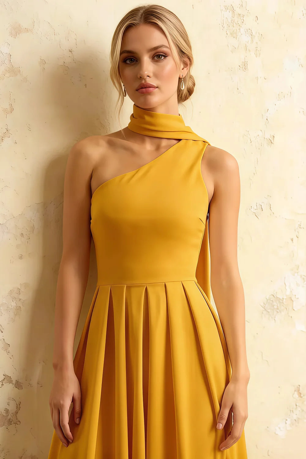 Helen One Shoulder Yellow Midi Dress with Scarf