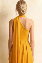 Helen One Shoulder Yellow Midi Dress with Scarf
