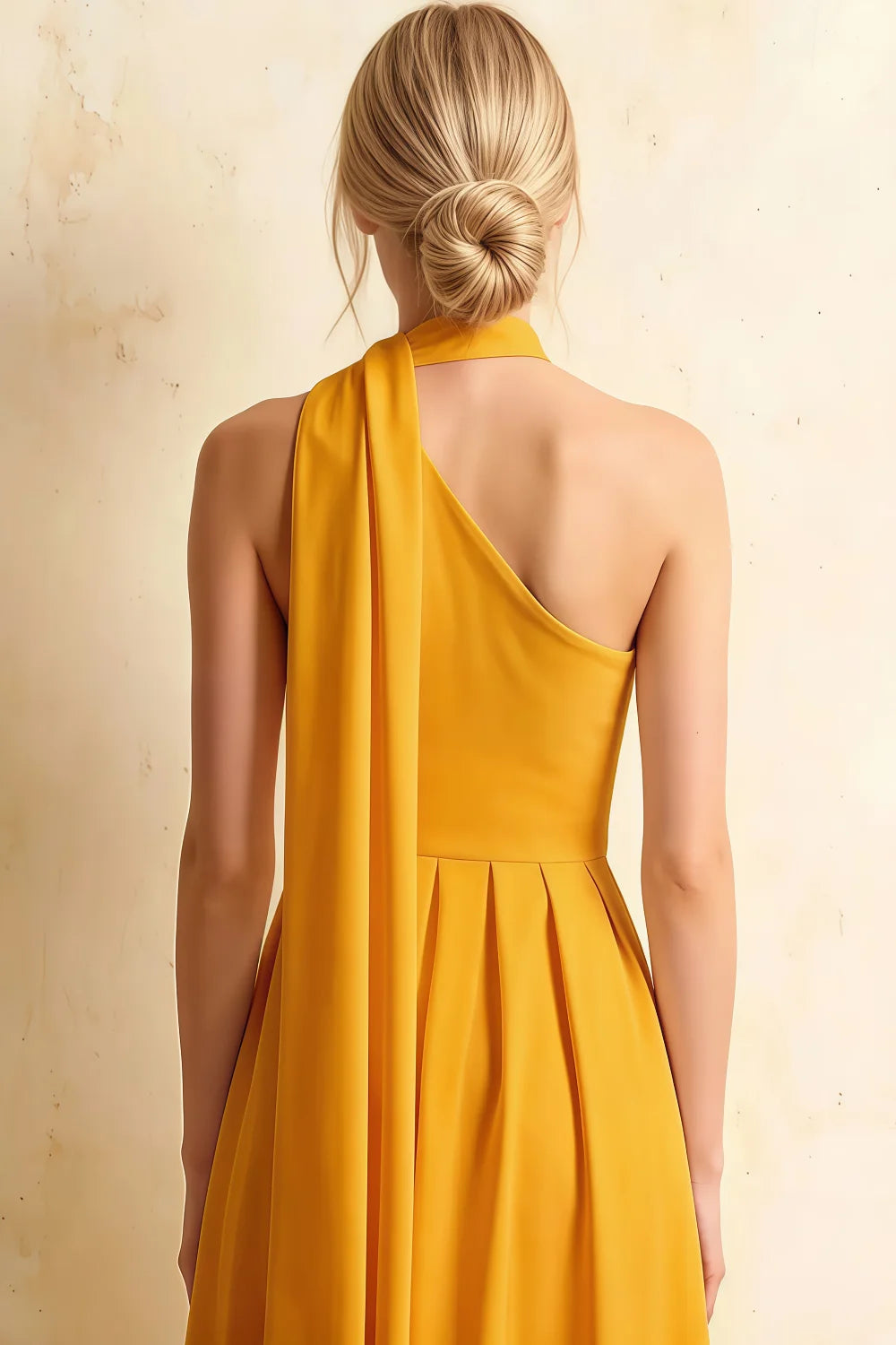 Helen One Shoulder Yellow Midi Dress with Scarf