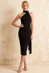 Helena Asymmetric Neck Black Midi Dress with Open Back and Scarf Detail